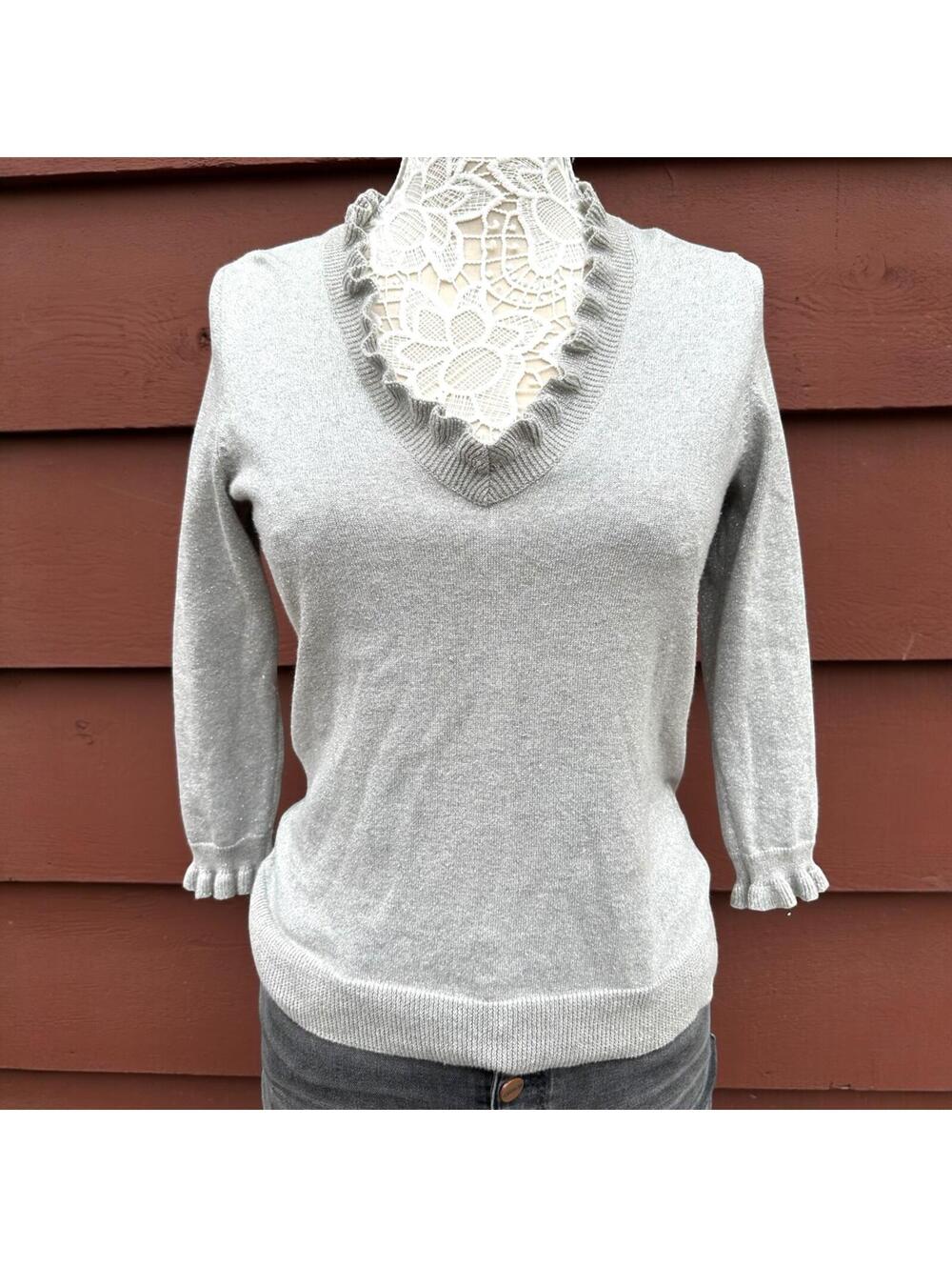Chaps Classics Silver Metallic Knit Sweater with Ruffle Trim Coquette